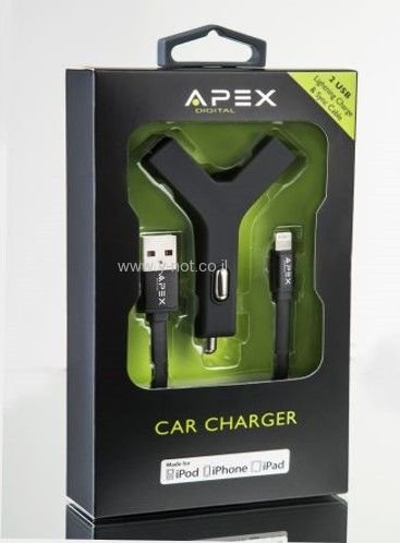 מטען USB כפול לרכב 3.4 אמפר APEX - עם כבל לאייפון מאושר אפל (MFI)
