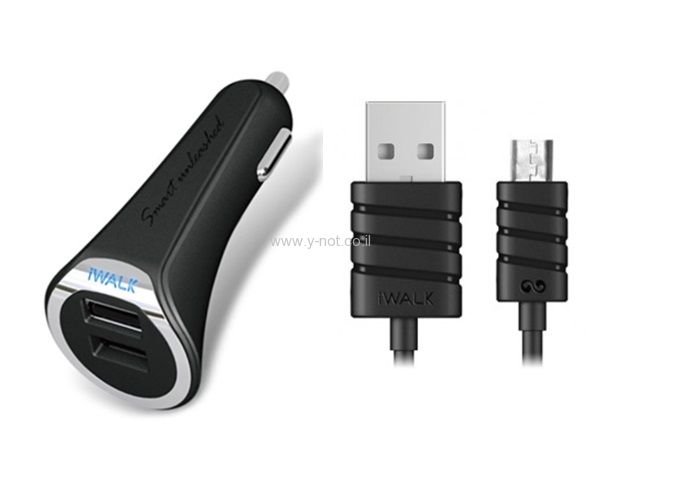 מטען לרכב איכותי 3.4 אמפר עם כבל מיקרו USB מצורף - Dolphin Duo 3.4A iWalk - שנתיים אחריות