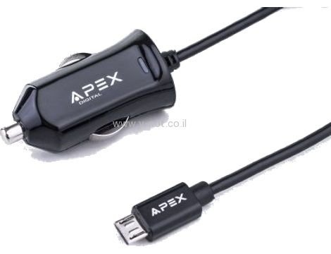 מטען לרכב מיקרו USB מבית חברת APEX - עוצמה 2.4 אמפר