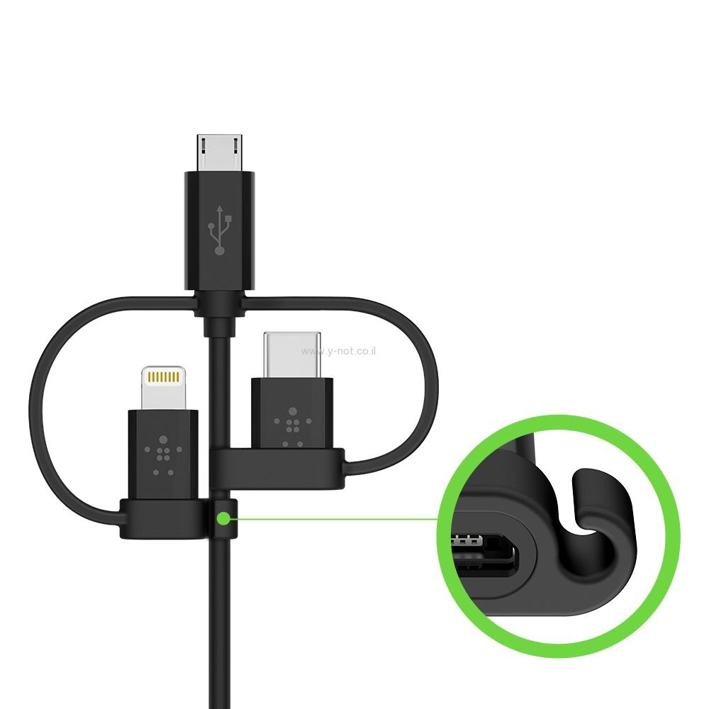 כבל אוניברסאלי עם 3 חיבורים: microUSB  ,  USB-C ו- Lightning. מק"ט F8J050bt04-BLK