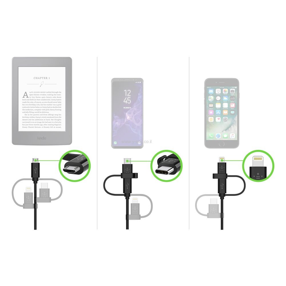 Alternative view of כבל אוניברסאלי עם 3 חיבורים: microUSB  ,  USB-C ו- Lightning. מק"ט F8J050bt04-BLK