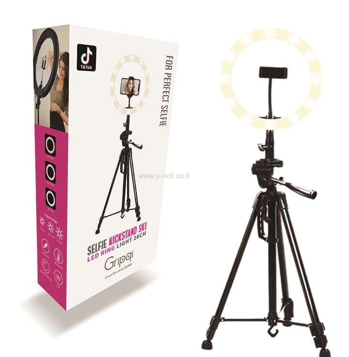 חצובה עם רינג לייט מקצועי לצילום מקצועי עם תאורה Gripqi - KickStand