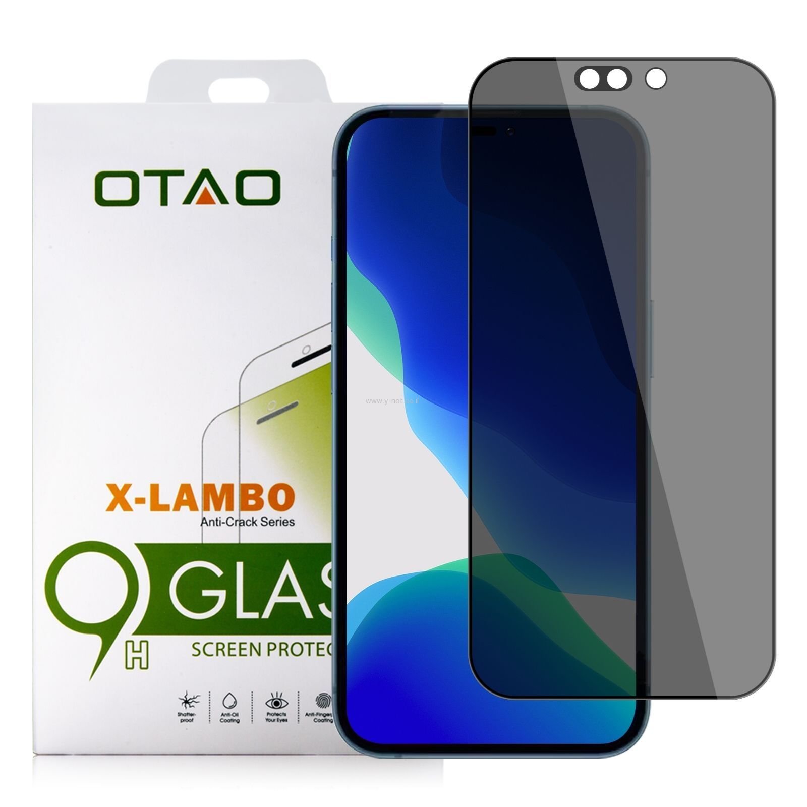 מגן מסך עם פרטיות iPhone 15 פרו <b>PRO </b> מזכוכית מחוסמת מבית OTAO! - כל המסך