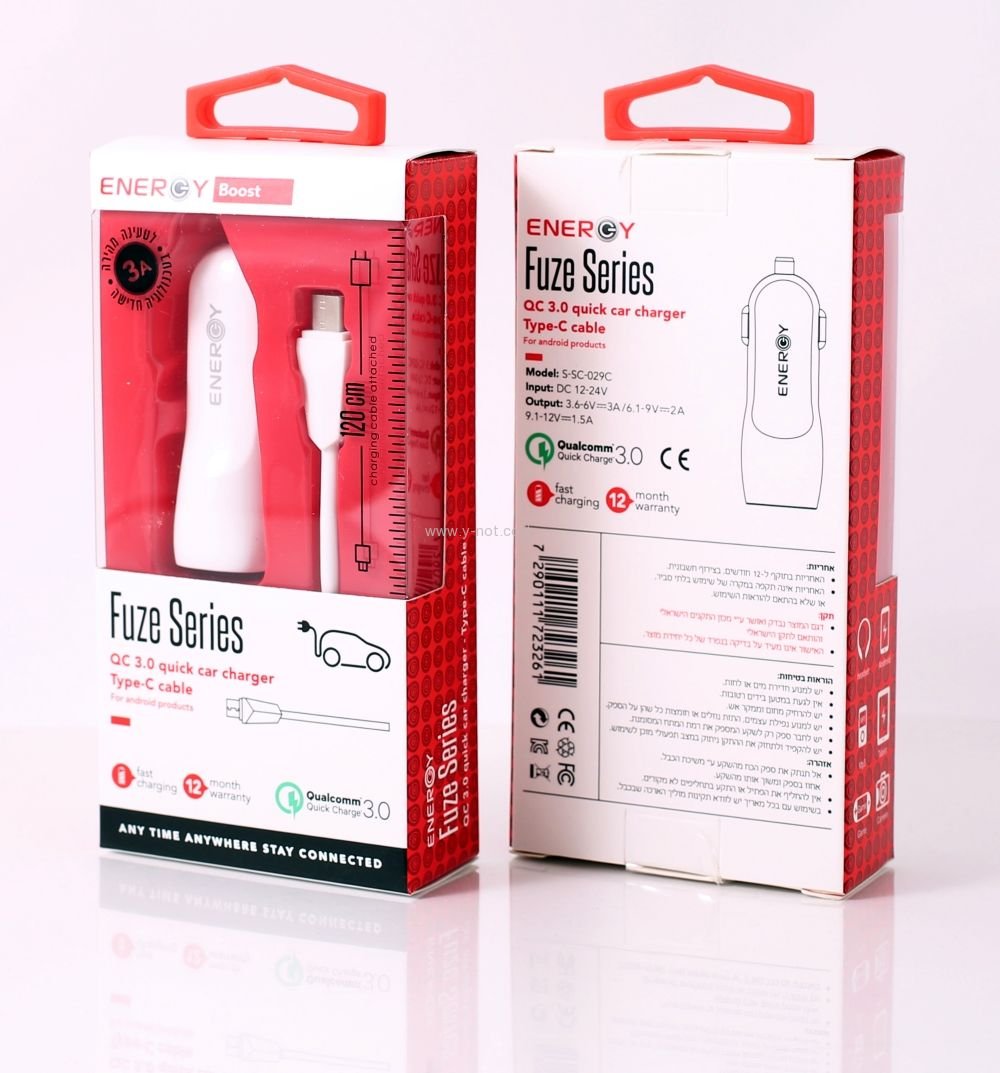 מטען רכב מהיר + כבל TYPE C עוצמה ENERGY QC 3.0