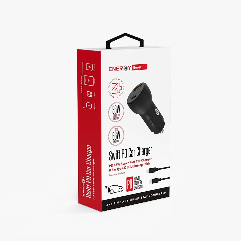 מטען רכב  ENERGY Swift 1C+1A PD65W with C to C  0.8M שחור כולל כבל טייפ C.