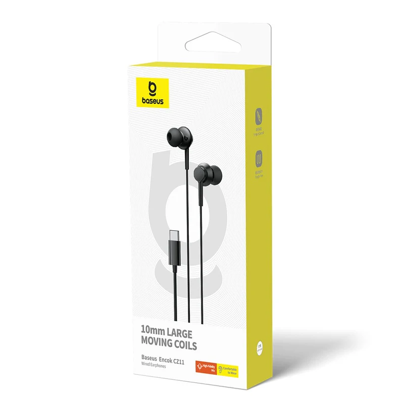 אוזניות חוטיות Baseus Encok CZ11 Type-C — עיצוב In-Ear עם מתאמי סיליקון בצבע שחור – תמונה 4