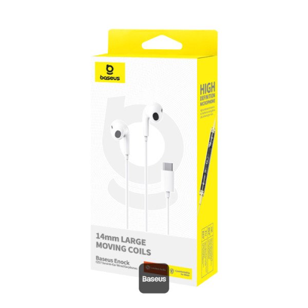 גרסה א — מילת מפתח ראשונה: אוזניות חוטיות Baseus Encok CZ17 Type-C — עיצוב חצי-בתוך-האוזן בצבע לבן ירח – תמונה 2