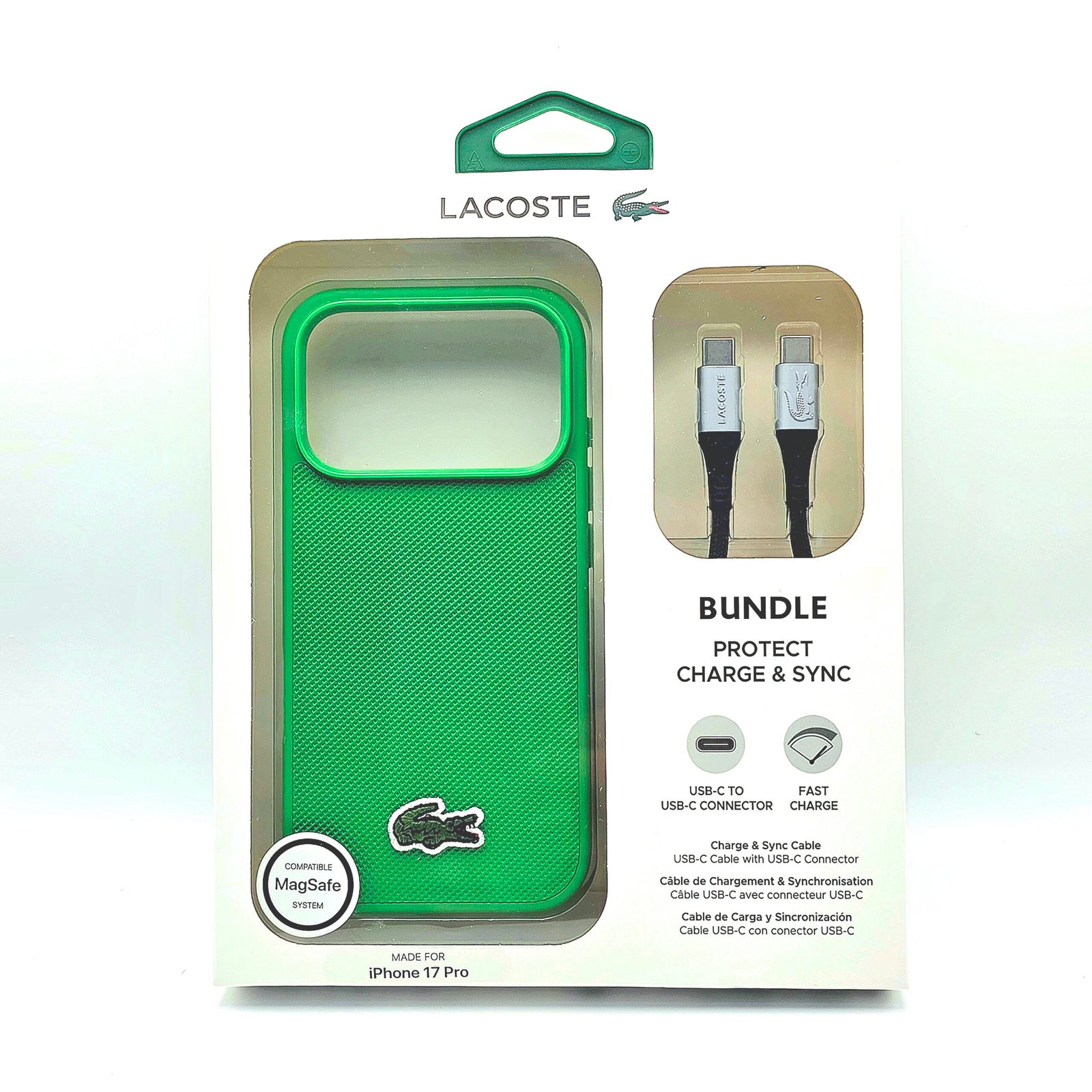 חבילת פרימיום לאייפון 17 פרו: כיסוי LACOSTE MagSafe ירוק + כבל C to C איכותי לטעינה מהירה – תמונה 3