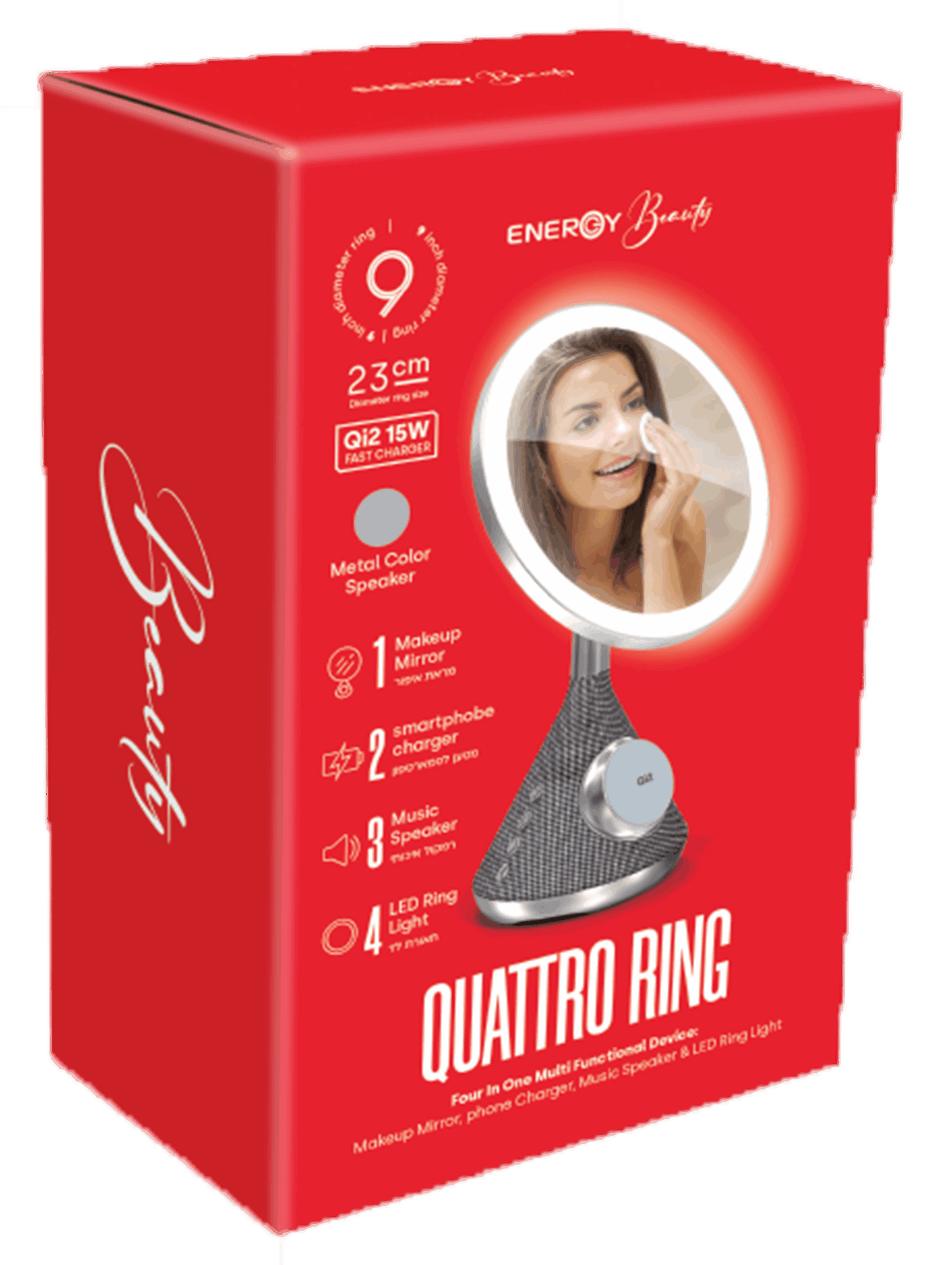 מעמד טעינה אלחוטי כסוף ENERGY QUATTRO עם מראת איפור מוארת ורמקול Bluetooth – תמונה 2