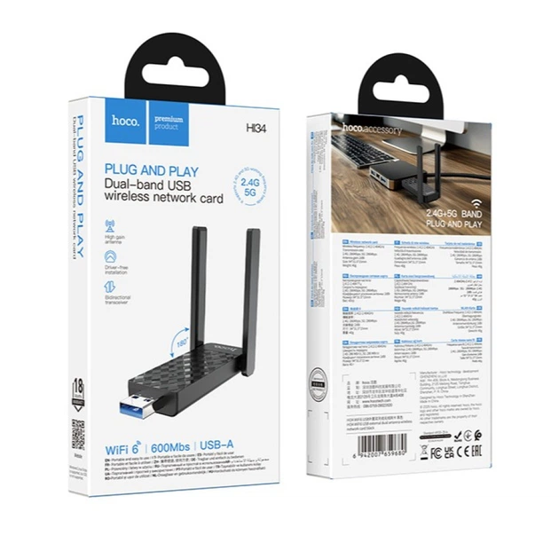 Alternative view of מתאם רשת אלחוטי USB Hoco HI34 Wi-Fi 6 מהירות 600Mbps
