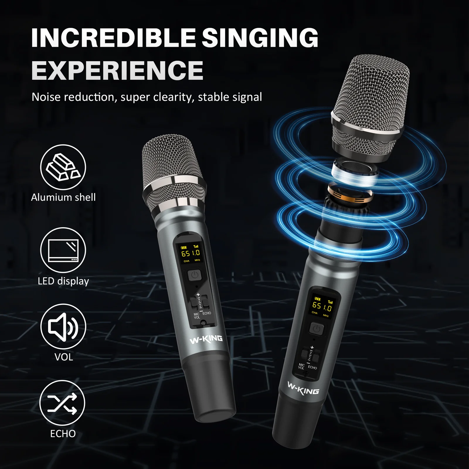 בידורית מקצועית W-King D20 עוצמה 200W - כולל 2 מיקרופונים ועמידות למים – תמונה 2