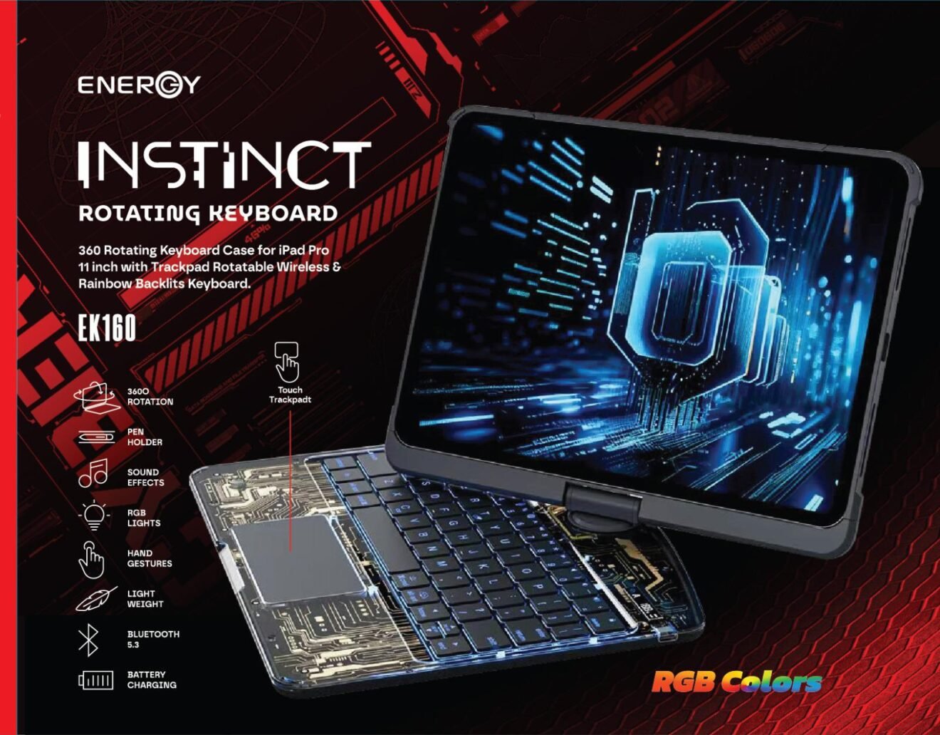 כיסוי מסתובב 360° עם מקלדת בלוטוס ENERGY INSTINCT EK160 לאייפד "11 A16 – תמונה 3