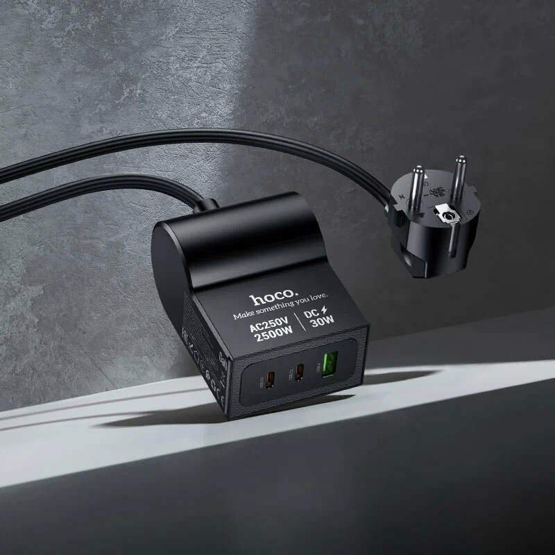 עמדת טעינה ומפצל חשמל Hoco AC33 PD 30W – כולל 2 יציאות Type-C ושקע AC – תמונה 4