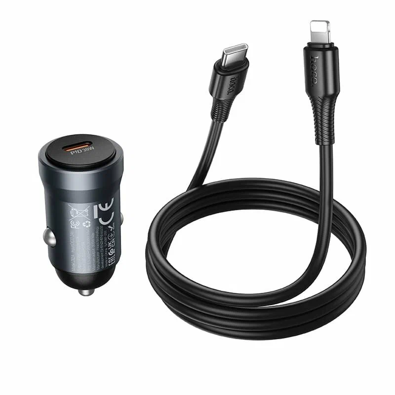 מטען רכב מהיר Hoco Z62A PD 30W – סט הכולל כבל Type-C ל-Lightning