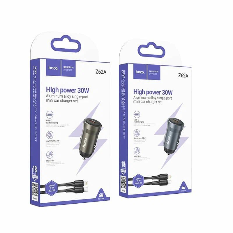 מטען רכב מהיר Hoco Z62A PD 30W – סט הכולל כבל Type-C ל-Lightning – תמונה 6