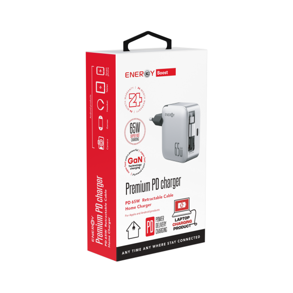 מטען קיר מהיר ENERGY GaN PD 65W צבע טיטניום — כולל כבל נשלף Type-C ל-Type-C – תמונה 2