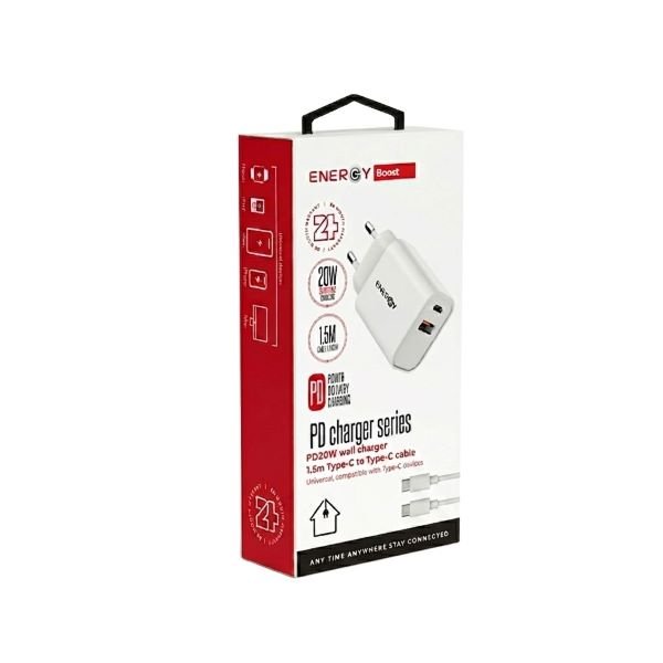 מטען קיר מהיר ENERGY 20W — כולל כבל Type-C to Type-C באורך 1.5 מטר