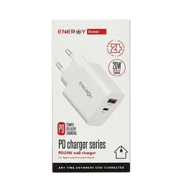 ראש מטען קיר מהיר ENERGY 20W — יציאות כפולות PD & QC 3.0 (ללא כבל)