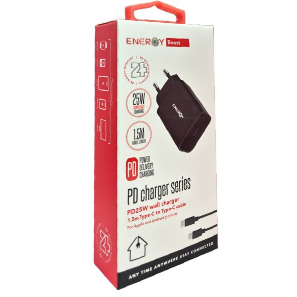 מטען קיר מהיר ENERGY PD 25W — כולל כבל Type-C to Type-C באורך 1.5 מטר