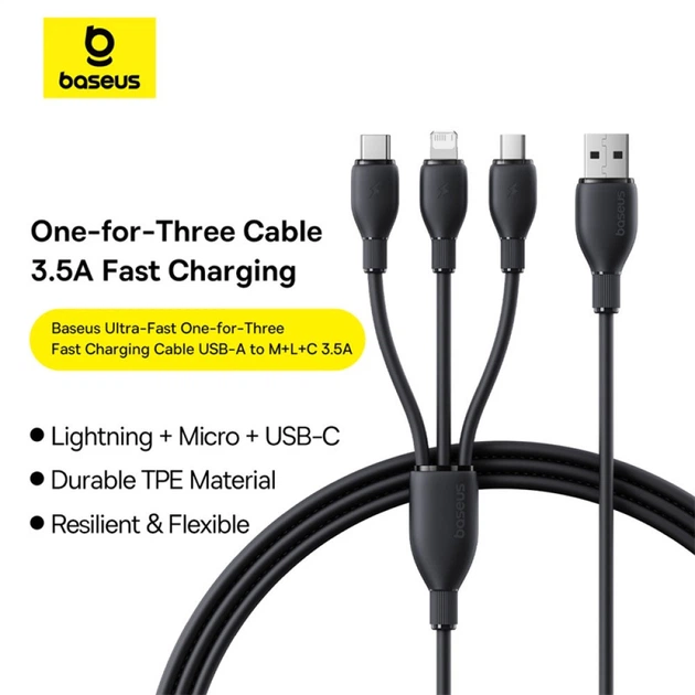 כבל טעינה 1 ל-3 Baseus — חיבור USB ל-Type-C, Lightning ו-Micro USB באורך 0.8 מטר – תמונה 4
