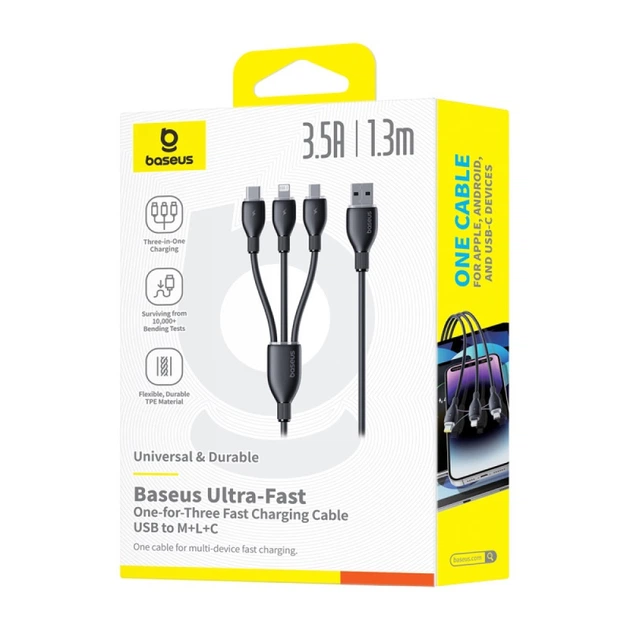 כבל טעינה 1 ל-3 Baseus — חיבור USB ל-Type-C, Lightning ו-Micro USB באורך 0.8 מטר – תמונה 5