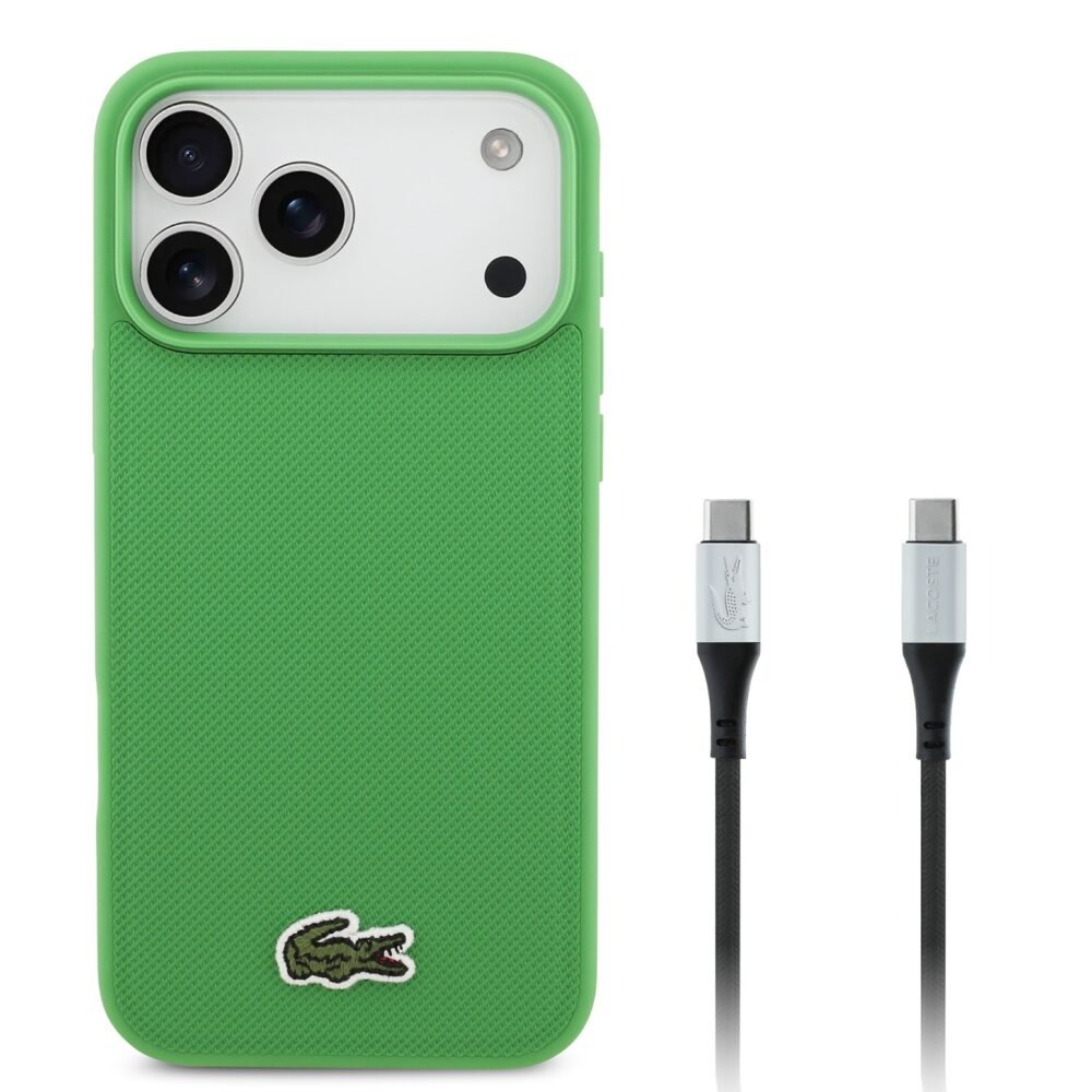 חבילת פרימיום לאייפון 17 פרו מקס: כיסוי LACOSTE MagSafe ירוק + כבל C to C איכותי לטעינה מהירה