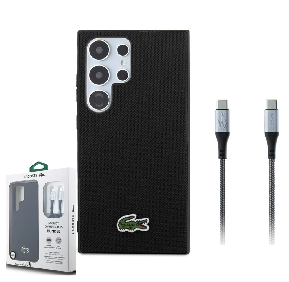 חבילת פרימיום ל-Galaxy S25 Ultra: כיסוי LACOSTE MagSafe שחור + כבל C to C איכותי לטעינה מהירה