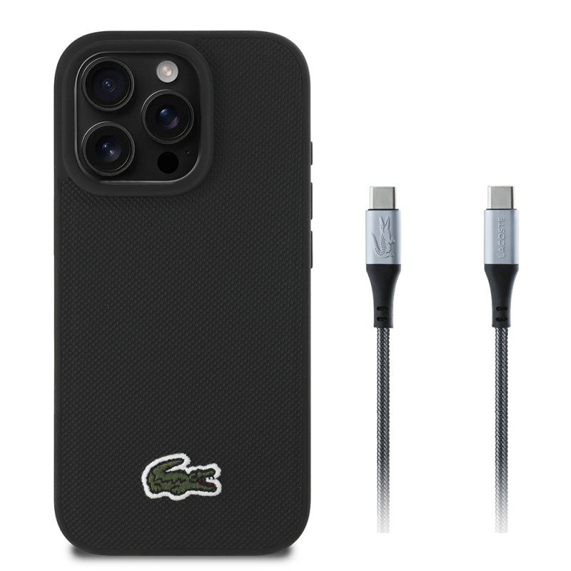 חבילת פרימיום לאייפון 16 פרו מקס: כיסוי LACOSTE MagSafe שחור + כבל C to C איכותי לטעינה מהירה