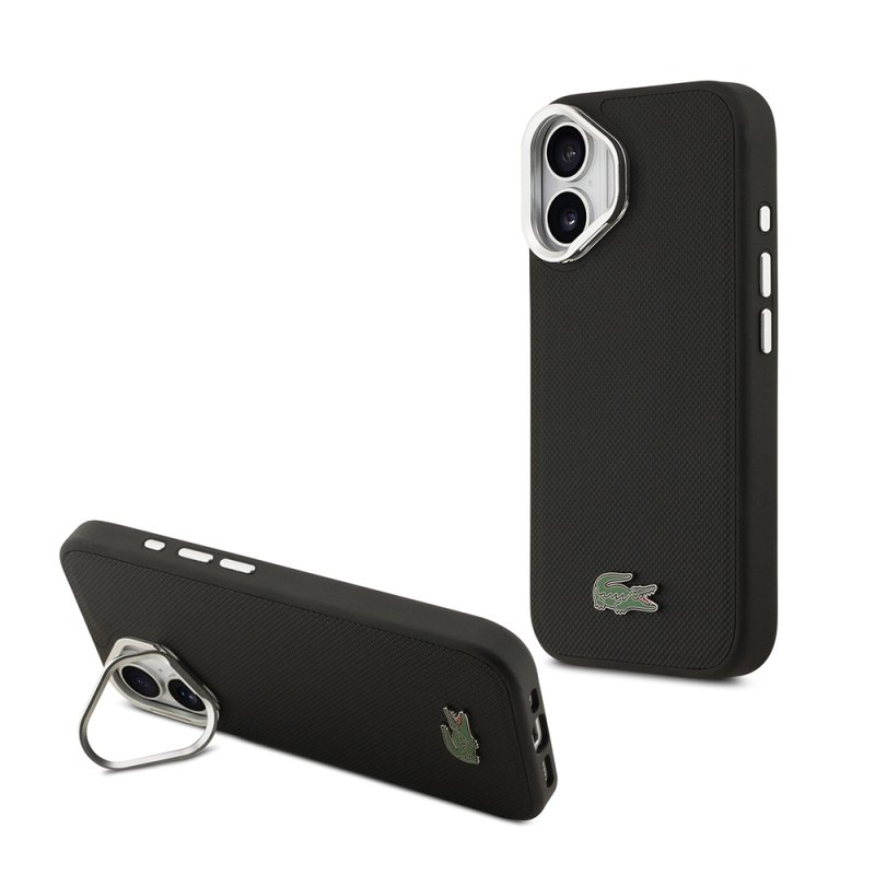כיסוי LACOSTE מקורי לאייפון 17 (iPhone 17) עם רגלית מובנית — שחור