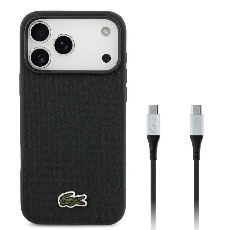 חבילת פרימיום לאייפון 17 פרו מקס: כיסוי LACOSTE MagSafe שחור + כבל C to C איכותי לטעינה מהירה