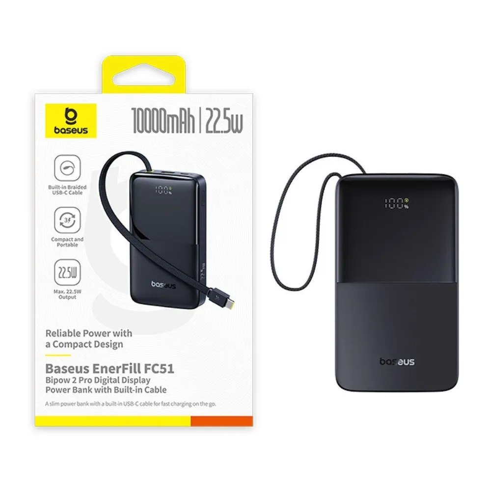 סוללת גיבוי Baseus EnerFill FC51 Bipow2 Pro 10000mAh 22.5W עם כבל מובנה — טעינה מהירה וניידות מושלמת – תמונה 5