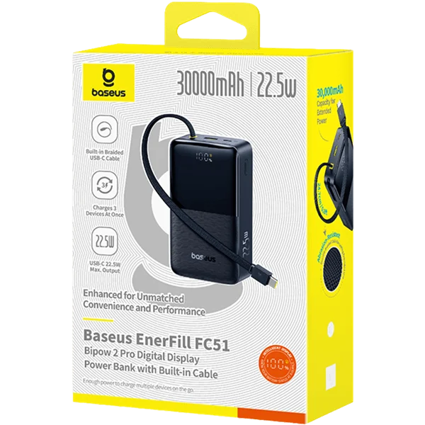 סוללת גיבוי Baseus EnerFill FC51 30000mAh 22.5W עם כבל USB-C מובנה — קיבולת ענקית וטעינה מהירה – תמונה 4